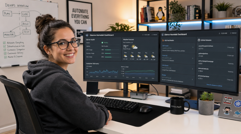 How to Self-Host Glance with Docker Compose: Modern Aggregated Feeds & Homelab Dashboard 5 DevOps-Ingenieurin konfiguriert modernes Glance Homelab Dashboard am Arbeitsplatz