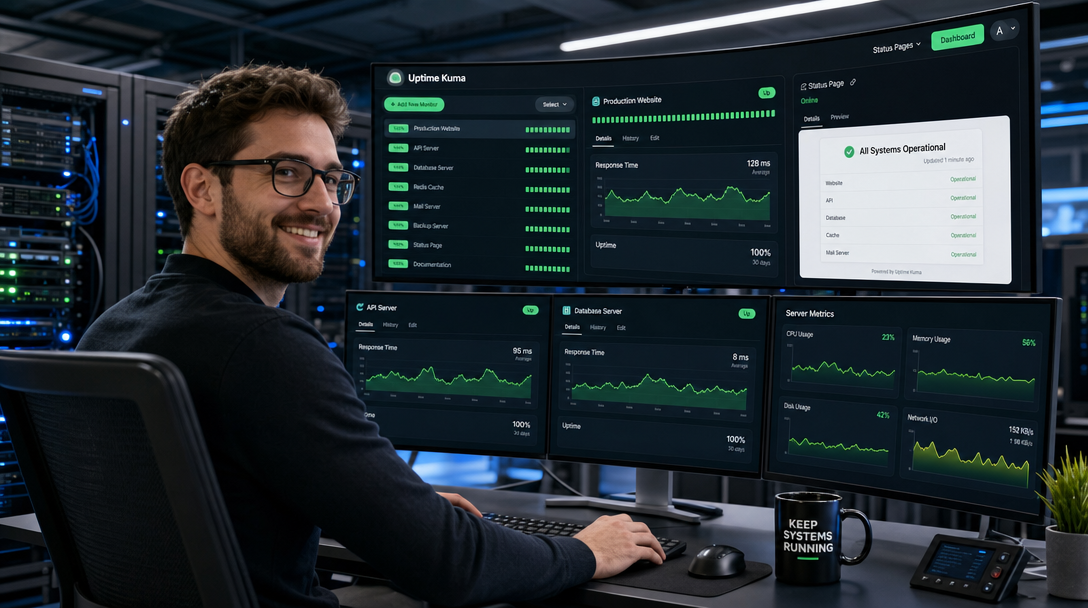 Network operations engineer analyzing Uptime Kuma infrastructure monitoring dashboard and status page in homelab