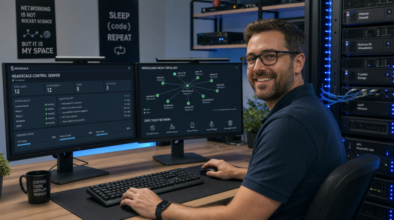 Zero-Trust Mesh Networking: How to Self-Host Headscale with Docker Compose and Caddy Reverse Proxy 6 IT-Netzwerk-Ingenieur konfiguriert ein privates Headscale WireGuard Mesh VPN mit Caddy Reverse Proxy im modernen Rechenzentrum
