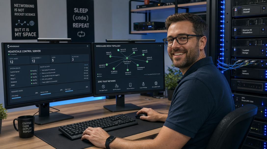 IT-Netzwerk-Ingenieur konfiguriert ein privates Headscale WireGuard Mesh VPN mit Caddy Reverse Proxy im modernen Rechenzentrum