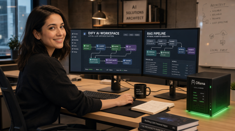 Self-Hosted Private AI Workspace: How to Deploy Dify with Docker Compose, PostgreSQL, and Ollama 5 KI-Entwicklerin konfiguriert eine lokale Dify RAG-Plattform mit Ollama und Docker Compose am modernen Arbeitsplatz