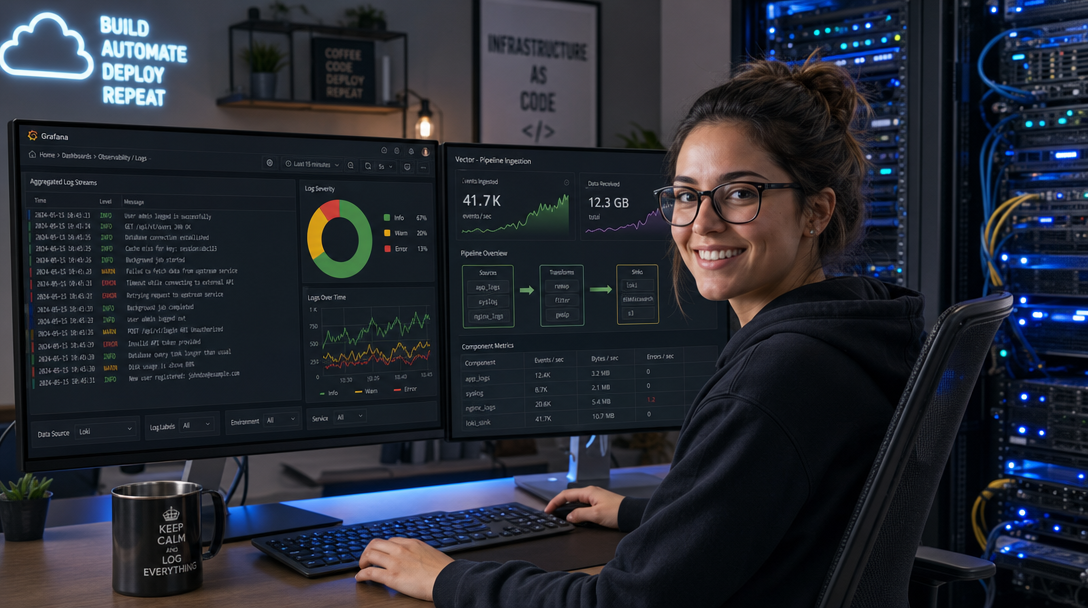 Centralized Homelab Logging: How to Deploy Vector and Grafana Loki with Docker Compose 1 DevOps engineer monitoring centralized container and system logs using Vector and Grafana Loki in Docker Compose