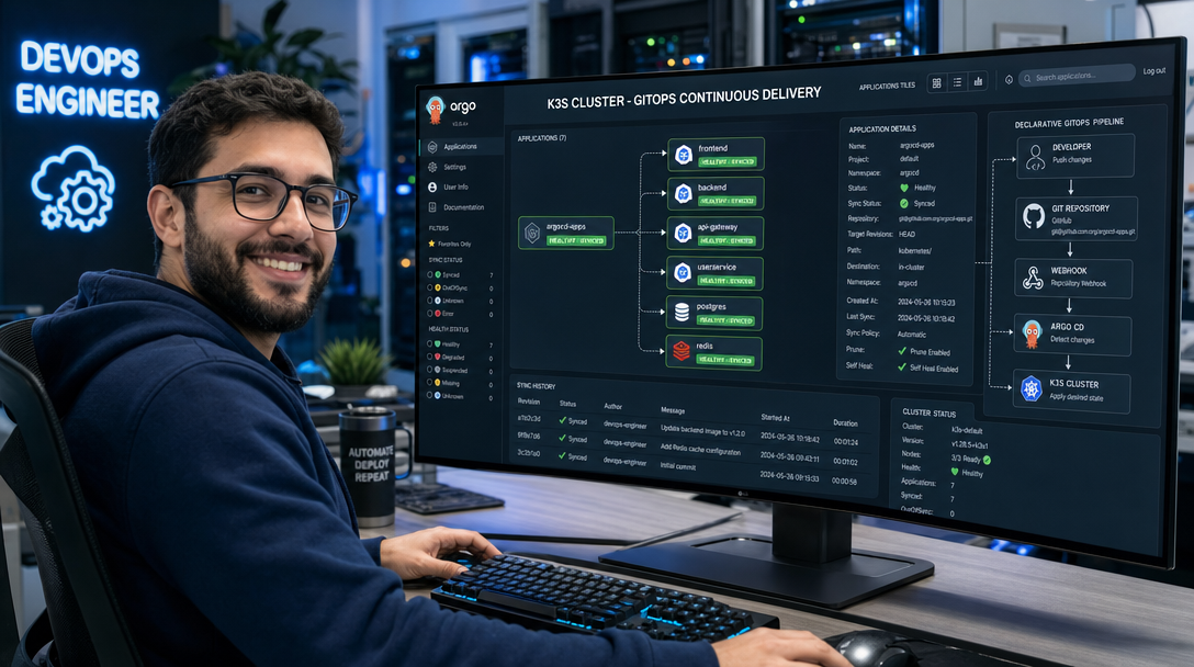 DevOps-Ingenieur bei der automatisierten GitOps-Bereitstellung mit Argo CD auf einem K3s-Kubernetes-Cluster