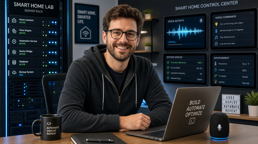 IT Specialist configuring a local private voice assistant with Faster-Whisper and Piper in a modern homelab office