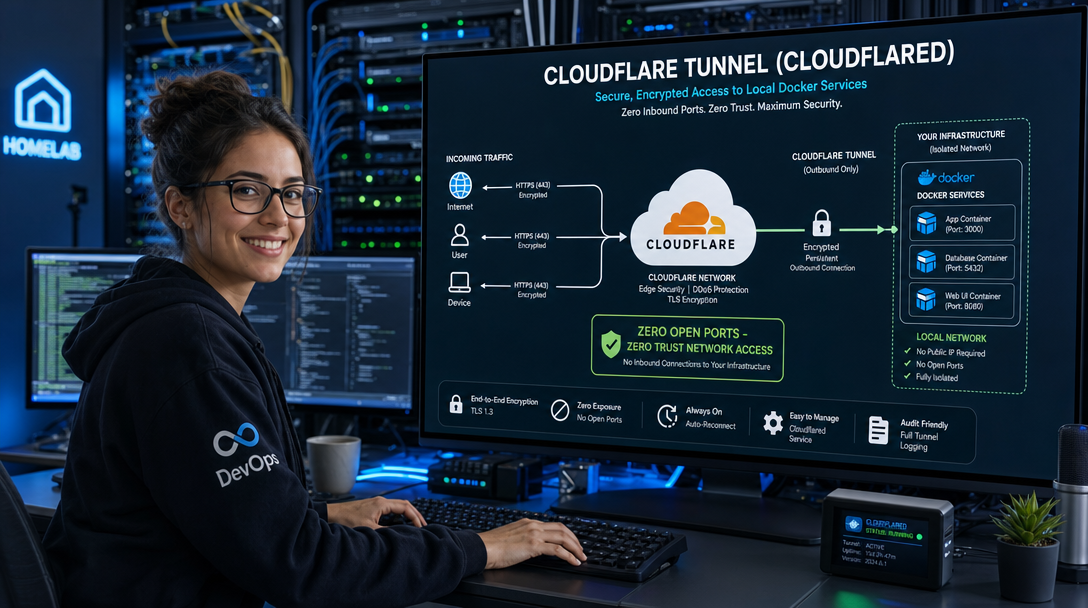 How to Securely Expose Self-Hosted Docker Services with Cloudflare Tunnels (Zero Open Ports) 1 DevOps-Ingenieurin im Serverraum bei der Absicherung von Docker-Services über Cloudflare Tunnel ohne offene Ports